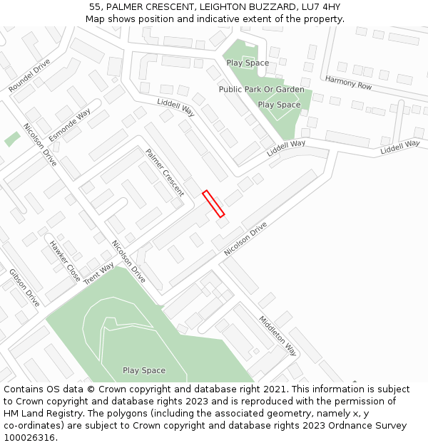 55, PALMER CRESCENT, LEIGHTON BUZZARD, LU7 4HY: Location map and indicative extent of plot