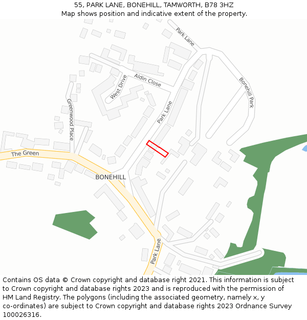 55, PARK LANE, BONEHILL, TAMWORTH, B78 3HZ: Location map and indicative extent of plot