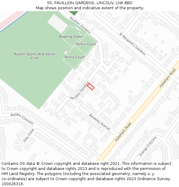 55, PAVILLION GARDENS, LINCOLN, LN6 8BD: Location map and indicative extent of plot