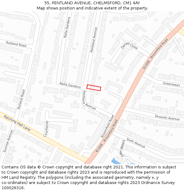 55, PENTLAND AVENUE, CHELMSFORD, CM1 4AY: Location map and indicative extent of plot