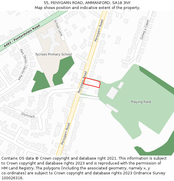 55, PENYGARN ROAD, AMMANFORD, SA18 3NY: Location map and indicative extent of plot