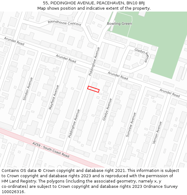 55, PIDDINGHOE AVENUE, PEACEHAVEN, BN10 8RJ: Location map and indicative extent of plot