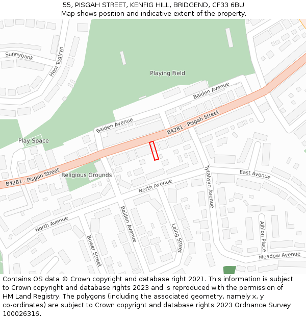 55, PISGAH STREET, KENFIG HILL, BRIDGEND, CF33 6BU: Location map and indicative extent of plot