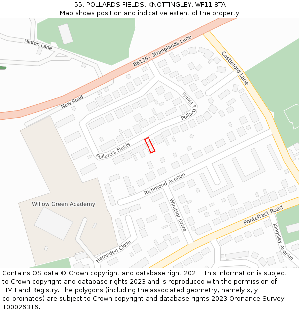 55, POLLARDS FIELDS, KNOTTINGLEY, WF11 8TA: Location map and indicative extent of plot