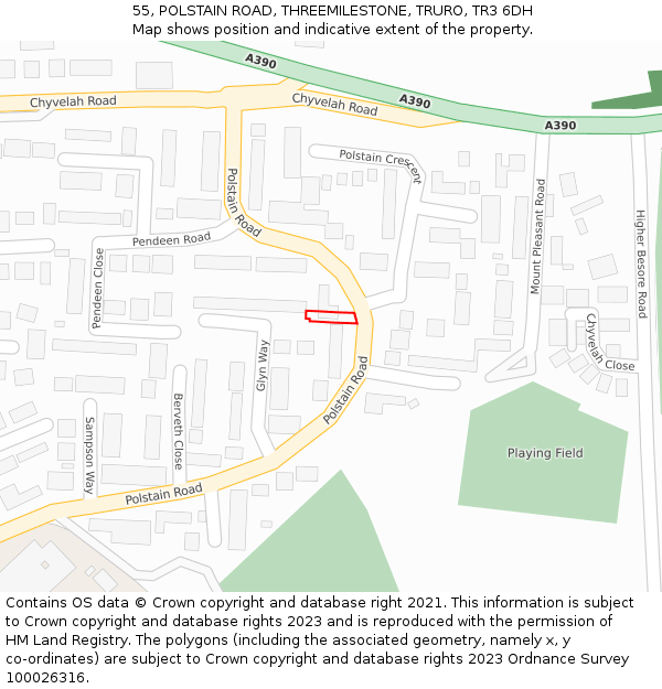 55, POLSTAIN ROAD, THREEMILESTONE, TRURO, TR3 6DH: Location map and indicative extent of plot