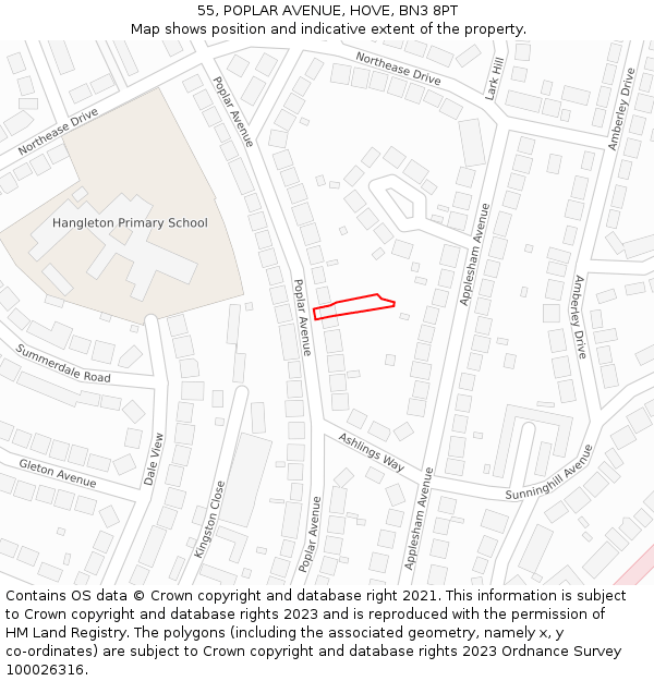 55, POPLAR AVENUE, HOVE, BN3 8PT: Location map and indicative extent of plot