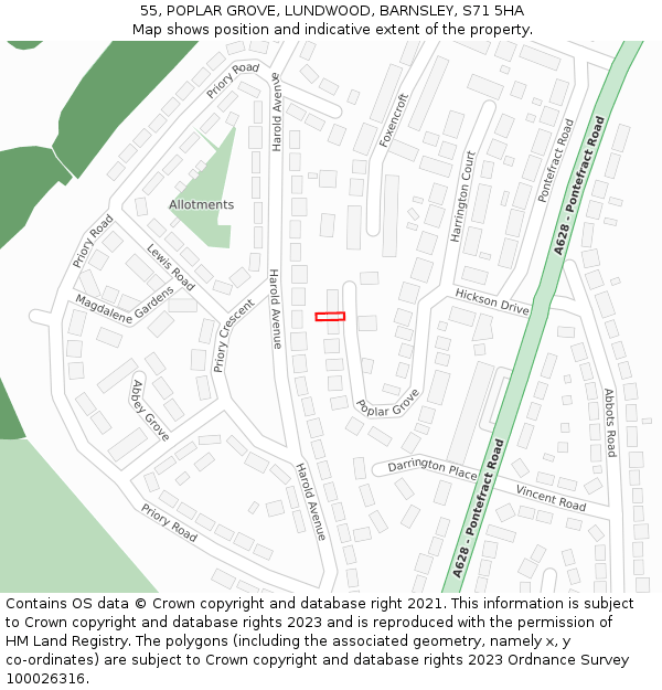 55, POPLAR GROVE, LUNDWOOD, BARNSLEY, S71 5HA: Location map and indicative extent of plot