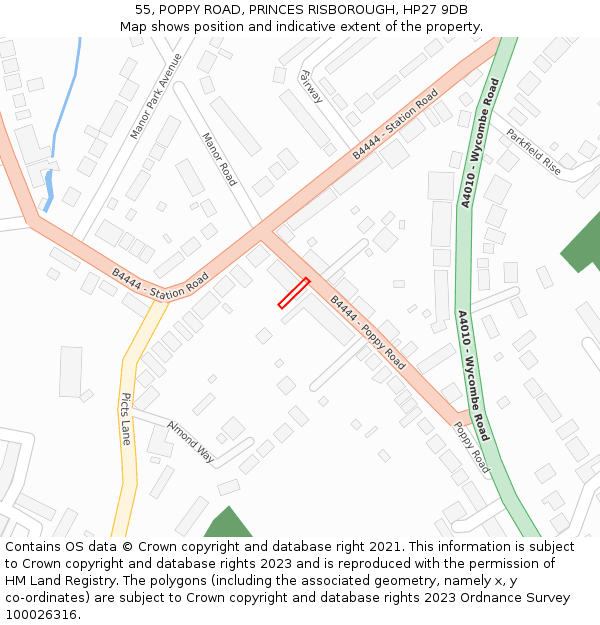 55, POPPY ROAD, PRINCES RISBOROUGH, HP27 9DB: Location map and indicative extent of plot