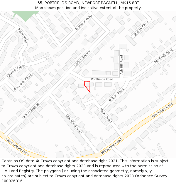 55, PORTFIELDS ROAD, NEWPORT PAGNELL, MK16 8BT: Location map and indicative extent of plot