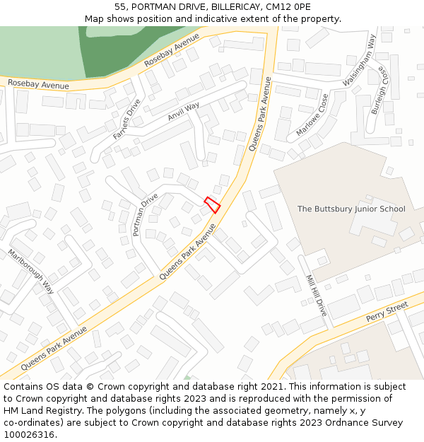 55, PORTMAN DRIVE, BILLERICAY, CM12 0PE: Location map and indicative extent of plot