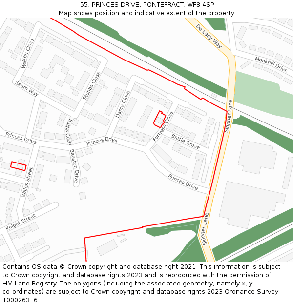 55, PRINCES DRIVE, PONTEFRACT, WF8 4SP: Location map and indicative extent of plot