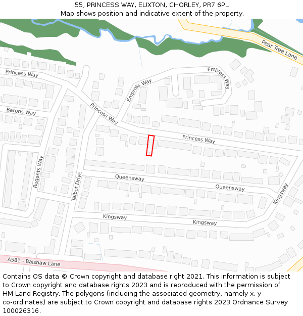 55, PRINCESS WAY, EUXTON, CHORLEY, PR7 6PL: Location map and indicative extent of plot