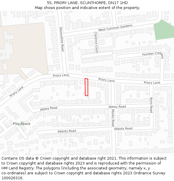 55, PRIORY LANE, SCUNTHORPE, DN17 1HD: Location map and indicative extent of plot