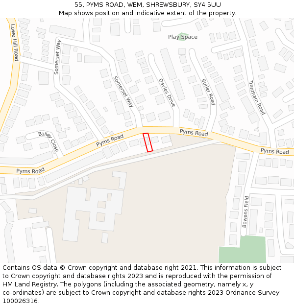 55, PYMS ROAD, WEM, SHREWSBURY, SY4 5UU: Location map and indicative extent of plot