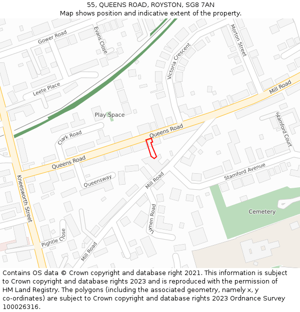 55, QUEENS ROAD, ROYSTON, SG8 7AN: Location map and indicative extent of plot