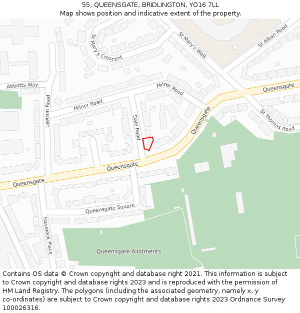 55, QUEENSGATE, BRIDLINGTON, YO16 7LL: Location map and indicative extent of plot