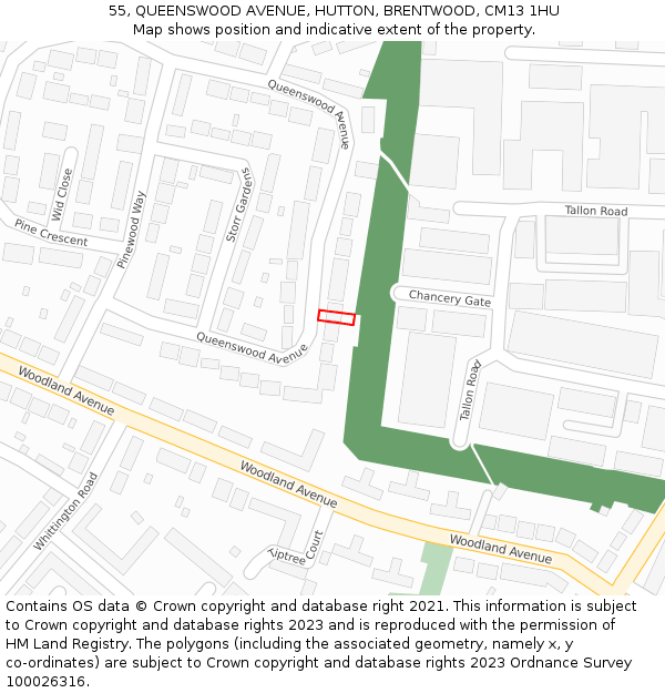 55, QUEENSWOOD AVENUE, HUTTON, BRENTWOOD, CM13 1HU: Location map and indicative extent of plot