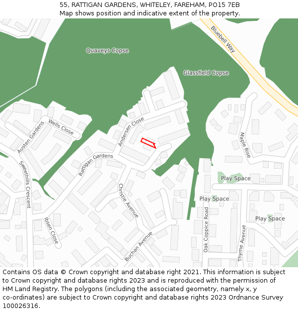 55, RATTIGAN GARDENS, WHITELEY, FAREHAM, PO15 7EB: Location map and indicative extent of plot