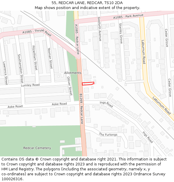 55, REDCAR LANE, REDCAR, TS10 2DA: Location map and indicative extent of plot