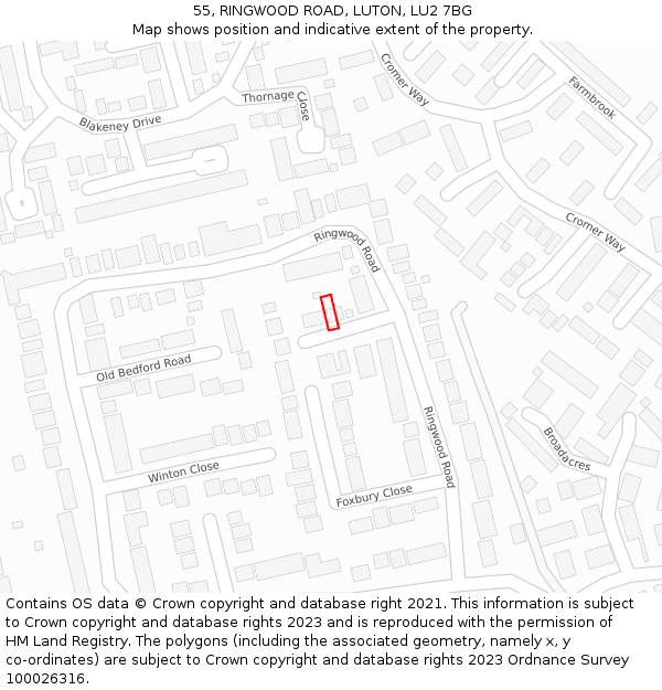 55, RINGWOOD ROAD, LUTON, LU2 7BG: Location map and indicative extent of plot