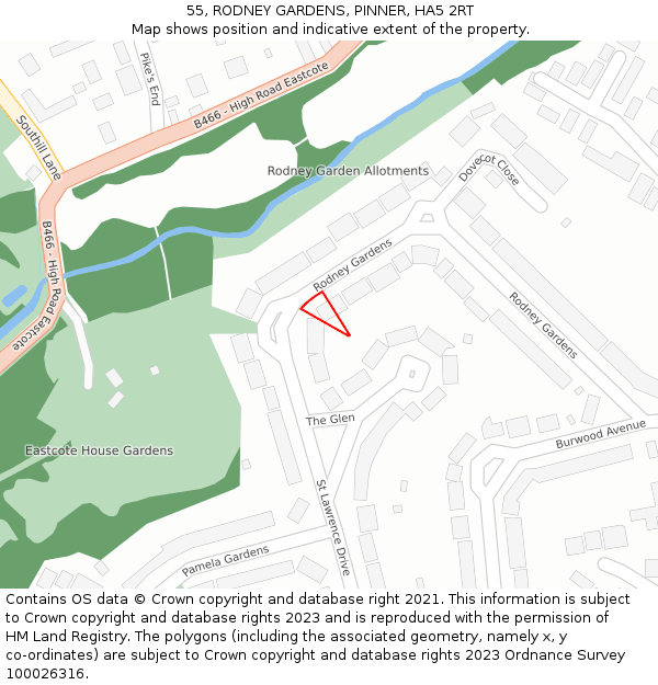 55, RODNEY GARDENS, PINNER, HA5 2RT: Location map and indicative extent of plot