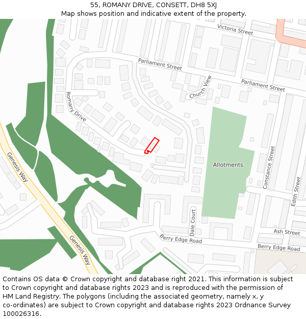 55, ROMANY DRIVE, CONSETT, DH8 5XJ: Location map and indicative extent of plot