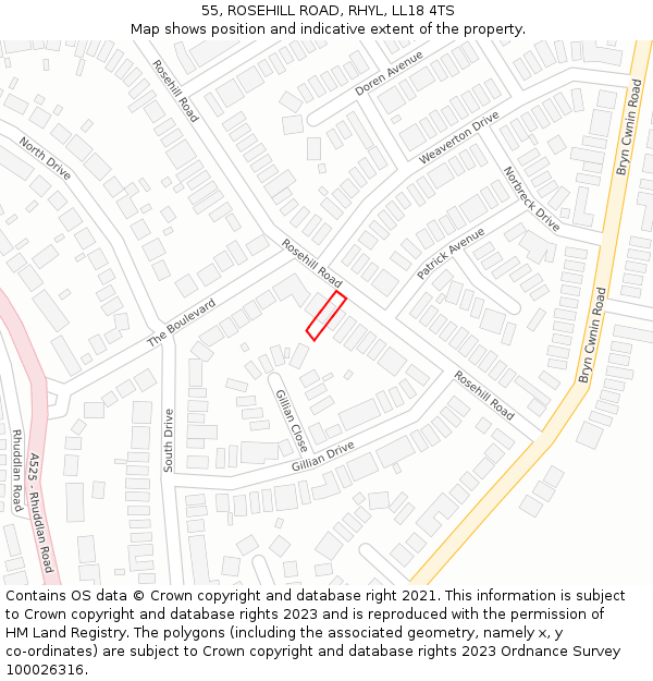 55, ROSEHILL ROAD, RHYL, LL18 4TS: Location map and indicative extent of plot