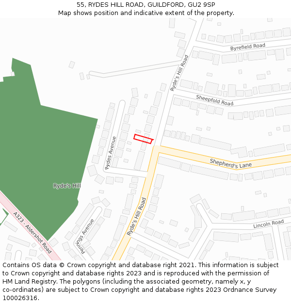 55, RYDES HILL ROAD, GUILDFORD, GU2 9SP: Location map and indicative extent of plot