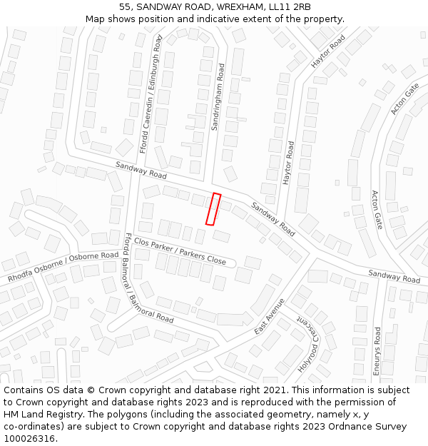 55, SANDWAY ROAD, WREXHAM, LL11 2RB: Location map and indicative extent of plot