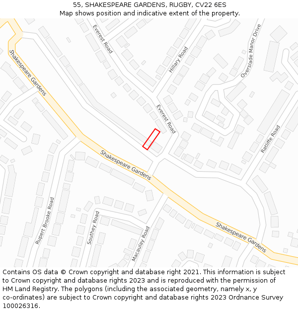 55, SHAKESPEARE GARDENS, RUGBY, CV22 6ES: Location map and indicative extent of plot