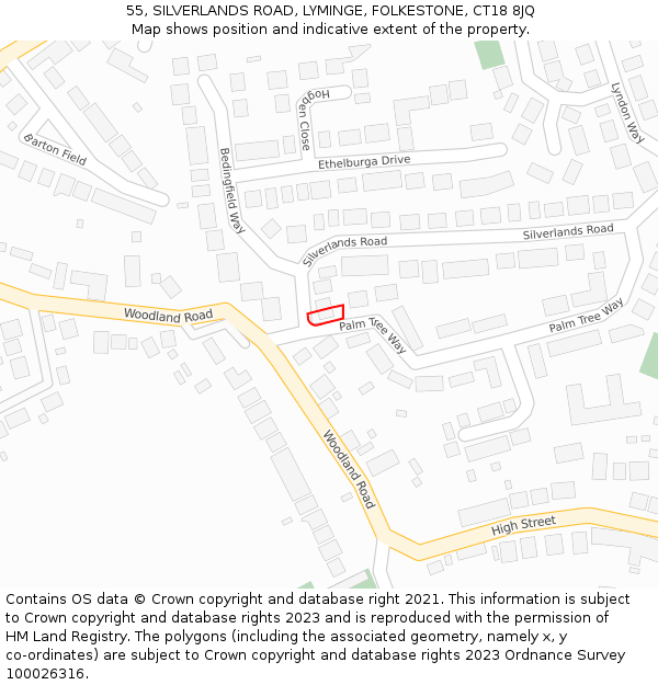 55, SILVERLANDS ROAD, LYMINGE, FOLKESTONE, CT18 8JQ: Location map and indicative extent of plot