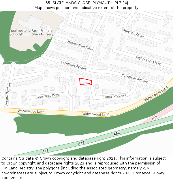 55, SLATELANDS CLOSE, PLYMOUTH, PL7 1XJ: Location map and indicative extent of plot