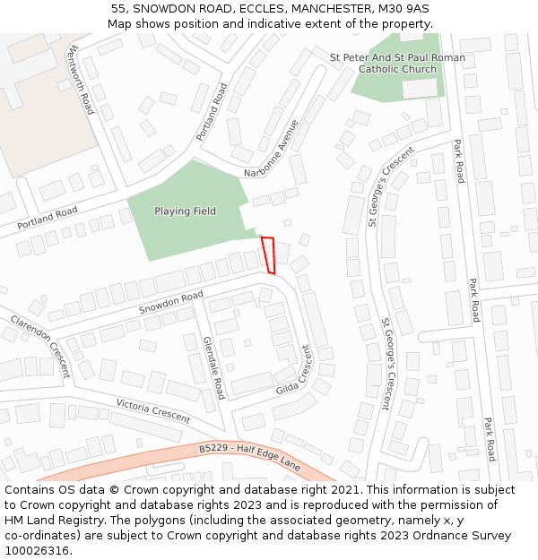 55, SNOWDON ROAD, ECCLES, MANCHESTER, M30 9AS: Location map and indicative extent of plot