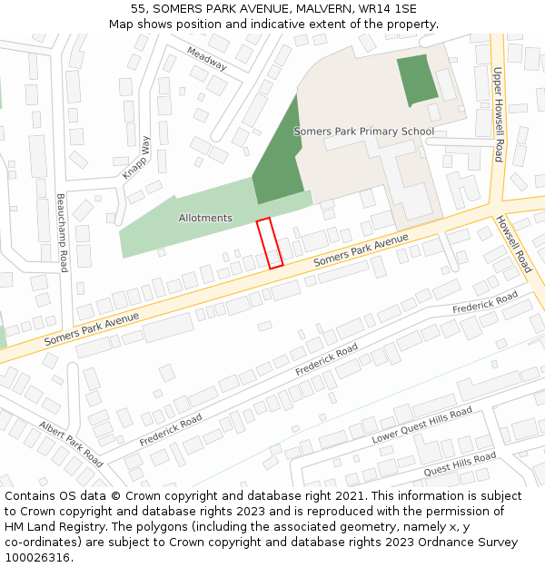 55, SOMERS PARK AVENUE, MALVERN, WR14 1SE: Location map and indicative extent of plot