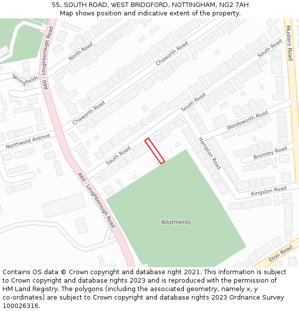 55, SOUTH ROAD, WEST BRIDGFORD, NOTTINGHAM, NG2 7AH: Location map and indicative extent of plot