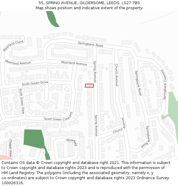 55, SPRING AVENUE, GILDERSOME, LEEDS, LS27 7BS: Location map and indicative extent of plot