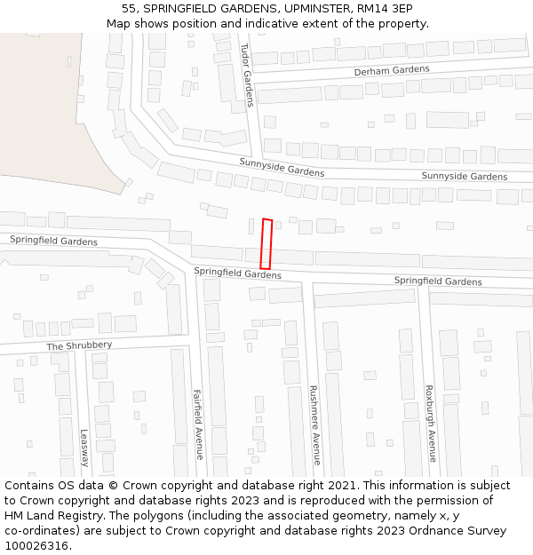 55, SPRINGFIELD GARDENS, UPMINSTER, RM14 3EP: Location map and indicative extent of plot