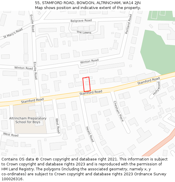 55, STAMFORD ROAD, BOWDON, ALTRINCHAM, WA14 2JN: Location map and indicative extent of plot