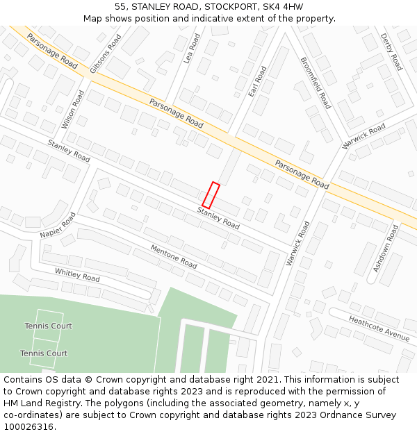 55, STANLEY ROAD, STOCKPORT, SK4 4HW: Location map and indicative extent of plot