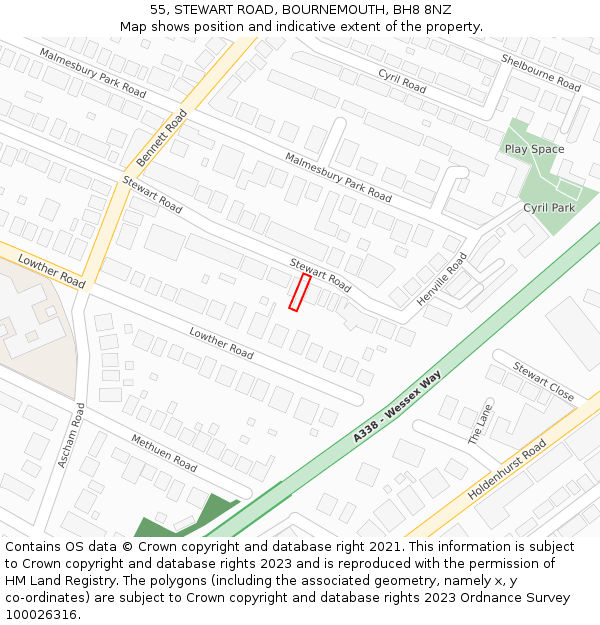55, STEWART ROAD, BOURNEMOUTH, BH8 8NZ: Location map and indicative extent of plot