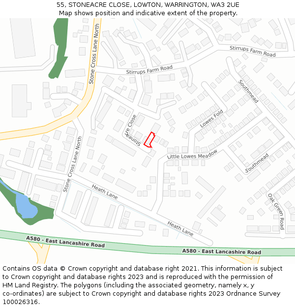 55, STONEACRE CLOSE, LOWTON, WARRINGTON, WA3 2UE: Location map and indicative extent of plot