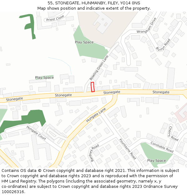 55, STONEGATE, HUNMANBY, FILEY, YO14 0NS: Location map and indicative extent of plot