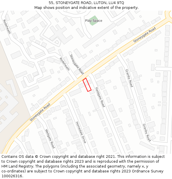 55, STONEYGATE ROAD, LUTON, LU4 9TQ: Location map and indicative extent of plot