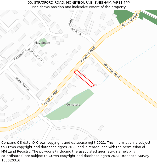 55, STRATFORD ROAD, HONEYBOURNE, EVESHAM, WR11 7PP: Location map and indicative extent of plot