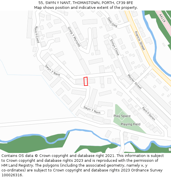 55, SWYN Y NANT, THOMASTOWN, PORTH, CF39 8FE: Location map and indicative extent of plot