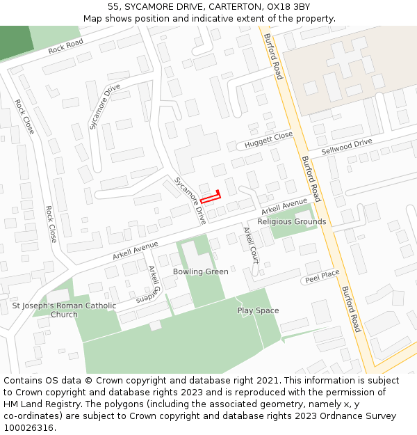 55, SYCAMORE DRIVE, CARTERTON, OX18 3BY: Location map and indicative extent of plot