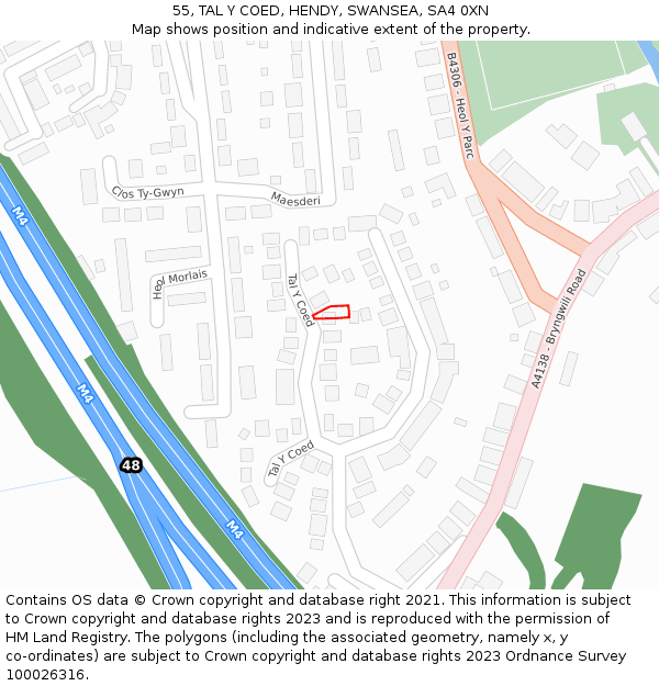 55, TAL Y COED, HENDY, SWANSEA, SA4 0XN: Location map and indicative extent of plot