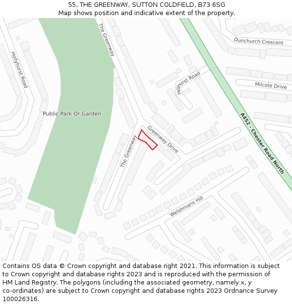 55, THE GREENWAY, SUTTON COLDFIELD, B73 6SG: Location map and indicative extent of plot