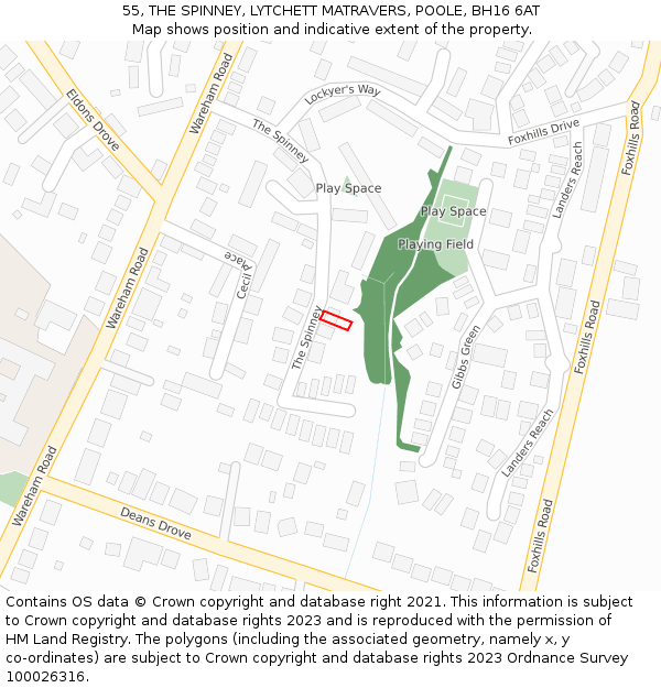 55, THE SPINNEY, LYTCHETT MATRAVERS, POOLE, BH16 6AT: Location map and indicative extent of plot