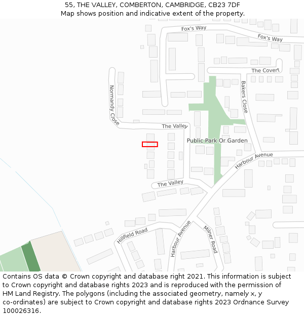 55, THE VALLEY, COMBERTON, CAMBRIDGE, CB23 7DF: Location map and indicative extent of plot